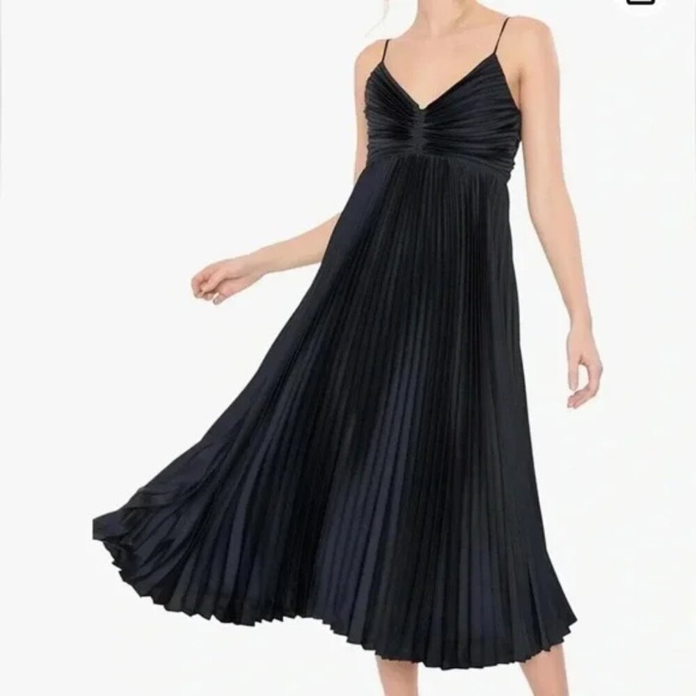 Banana Republic Solaire Pleated Black Satin Strap Midi Dress
